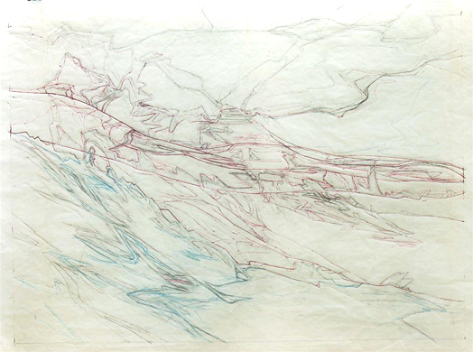 Valley in the rain - 1998, pencil, pen on tracing paper, 70x100cms